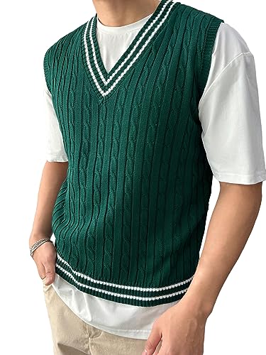 SOLY HUX Men's Striped Cable Knit Sweater Vest V Neck Sleeveless Casual School Sweater Tops Dark Green Striped L