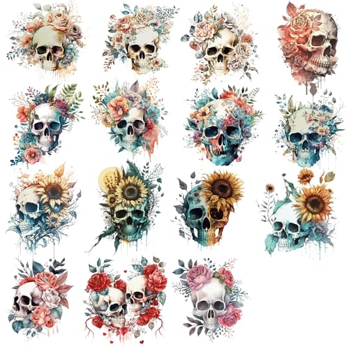 Wezdopu 15Pcs Flower Skull Iron on Transfers Horror Goth Punk Skeleton Vinyl Heat Transfer Iron on Stickers for T-Shirt Clothing Jacket Hat Backpacks DIY