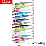 Aorace 12pcs 40g 8.5cm Metal Jigs Saltwater Fishing Lures Jigging Spoon Lures Kit for Long Casting Surf Fishing Slow Vertical Casting Artificial Lead Jigs Assortment for Bass Sea Trout