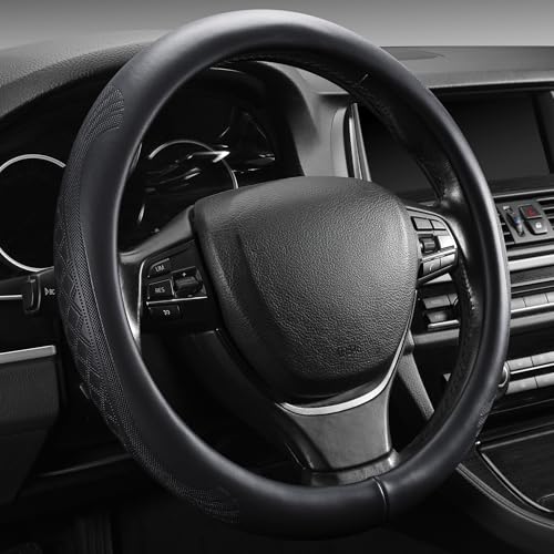 PJBTYZ 【2025 Model】 High-Grade Real Cowhide Steering Wheel Cover，Black Genuine Leather Steering Wheel Cover for Cars,Universal 15 inch Steering Wheels,Grid & Square Motif