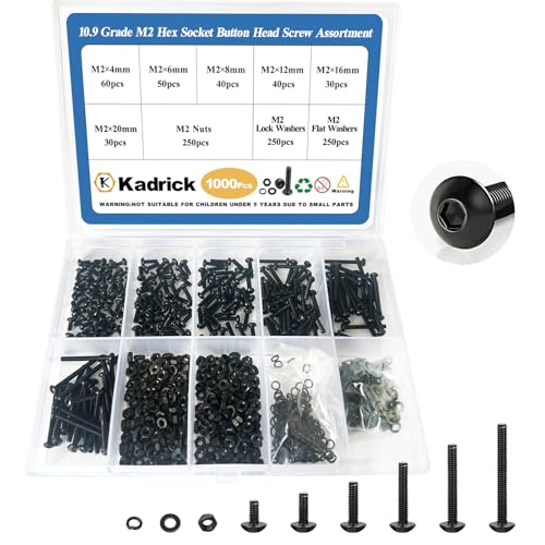 Kadrick 1000PCS M2 Screw Assortment kit,M2 Screws with Nuts and washers, Grade 10.9 Alloy Steel Hex Socket Button Head Black Bolts Nuts Kit,Lenth Form 4mm-20mm