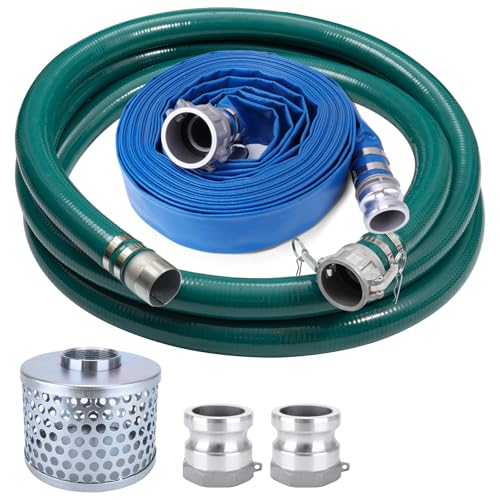 2 Inch Suction Hose Pump Kit for Water/Trash Pump Includes 2" X 65ft Blue Discharge Hose & 2" X 20ft Green Pvc Suction Hose & Aluminum Round Hole Suction Strainer, Cam And Groove Adapter