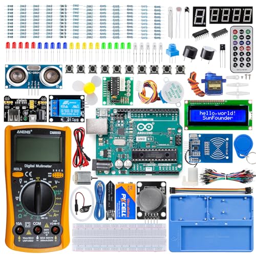 SunFounder Inventor Lab Starter Kit with Original Arduino Uno R3 REV3 Board Multimeter Basic to Advance 34 Projects RAB Breadboard Holder HCSR-04 Sensor 1602 LCD Servo Motor