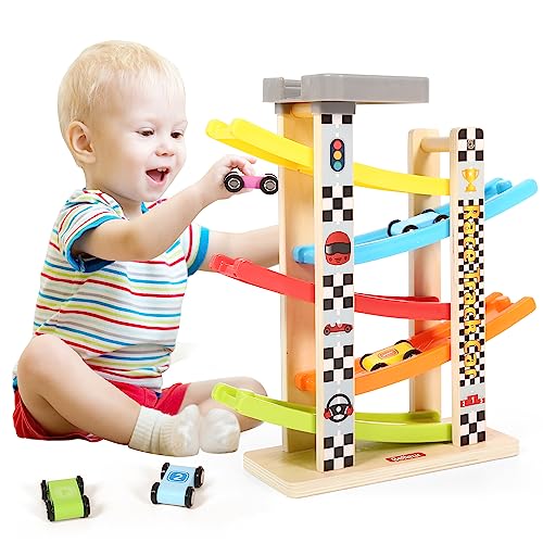 Belleur Montessori Toy for 1-3 Years Old Boys and Girls, Kid Race Track Car for Toddlers with 5 Mini Cars & 5 Ramps, Wooden Montessori Car Ramp Toy Set for Babies' Birthday Gifts, Visit Gifts