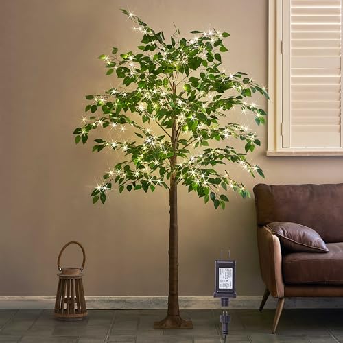 Hairui Artificial Ficus Silk Tree Lights 6FT 264LED Fairy Lights, Faux Plant Tree with Lights for Home Room Spring Summer Decoration Indoor