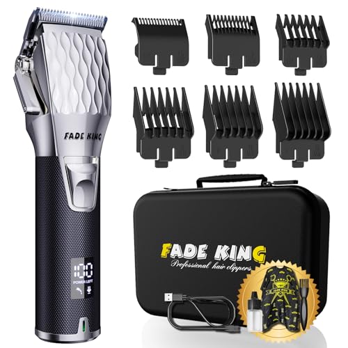 FADEKING® Professional Hair Clippers for Men - Cordless Hair Clippers, LCD Display Barber Clippers for Hair Cutting & Mens Grooming with Travel Case(Silver+Black)