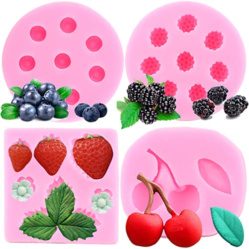 Zixiang Blueberry Raspberry Cherry Strawberry Cake Fondant Molds Berry Series Sugarcraft Gumpaste Silicone Mold for Chocolate Candy Cupcake Topper Decorating Polymer Clay Resin Set Of 4