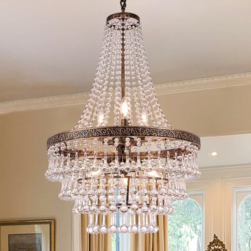 TOCHIC French Empire Crystal Chandelier Lighting Antique Bronze, 6-Light French Country Foyer Chandelier Pendant, Hanging Ceiling Lighting Fixture for Dining Room, 22" Dia x 35" H