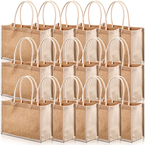 Reginary 16 Pcs Jute Tote Gift Bags Natural Burlap Grocery Shopping Bag Beach Tote with Handle for Bridesmaid Wedding Travel(Beige Trim)