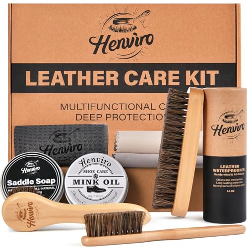 Henviro Leather Boot Care Kit - 9 PCS Saddle Soap, Mink Oil, Shoe Brushes, Waterproofing Wax, and More for Leather Boot care and Cleaning, Leather Care Gift for Men Women Him Husbands Dads