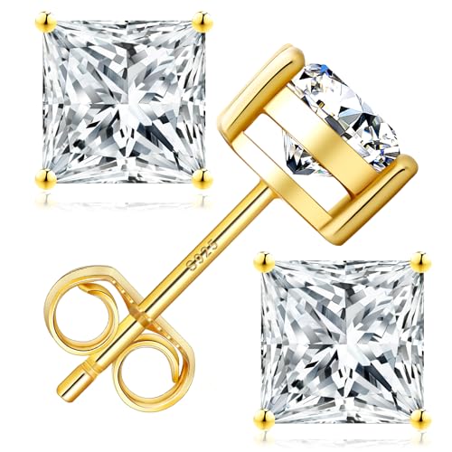 KRKC&CO Princess Cut Moissanite Earrings Studs for Women, Anniversary Birthday Gift for Wife Mother, 925 Sterling Silver D Color VVS1, 14K Gold Plated, Brilliant Jewelry For Her, 1.2 Carats(0.6ct 4.5mm*2)