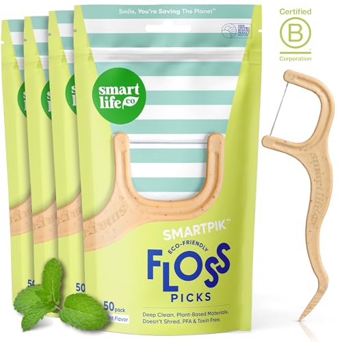 SmartLifeco Biodegradable* Dental Floss Picks - Thin Thread Tooth Flossers for Adults & Kids, Eco-Friendly Handle, Straw Wheat Toothpick Soft on Gum & Teeth, Compostable* Zero Waste Vegan, 200 Mint