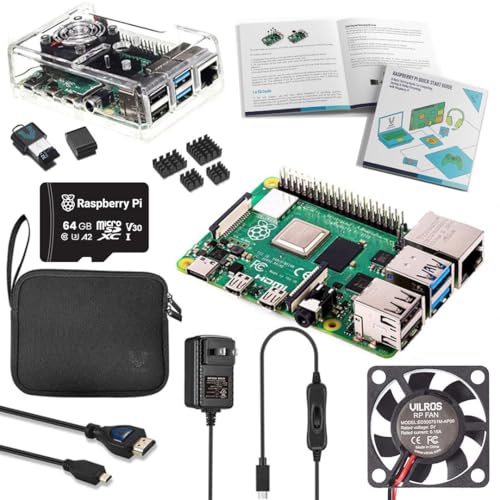 Vilros Raspberry Pi 4 Complete Starter Kit- Includes Raspberry Pi 4 Board, Fan Cooled Case, 64GB Preloaded Micro SD Card and More (8GB, Clear Transparent Case)