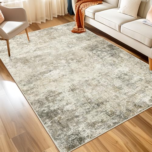 WITSHOCK 6x9 Area Rugs for Living Room: Machine Washable Non Slip - Low Pile Modern Abstract Carpet for Bedroom Kids Room Dining Room - Stain Resistant for Household - Pet Owners (Brown Lvory)