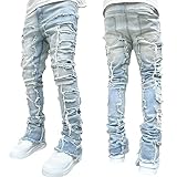 Giraropa Mens Black Stacked Jeans Slim Fit Skinny Ripped Jeans Destroyed Straight Denim Pants Harajuku Hip Hop Trousers Streetwear (Light Blue, S)