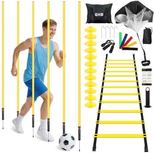 GHB Speed Agility Training Equipment, 6 Agility Poles, 20ft Agility Ladder, 12 Disc Cones, Resistance Parachute, Jump Rope, 4 Resistance Bands, Soccer Training Poles for Speed Agility Training