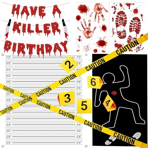 Akide Halloween Crime Scene Decorations Kit Have A Killer Birthday Banner Body Silhouette Crime Scene Tape Evidence Markers Mugshot Backdrop for Detective Murder Mystery Party Decorations