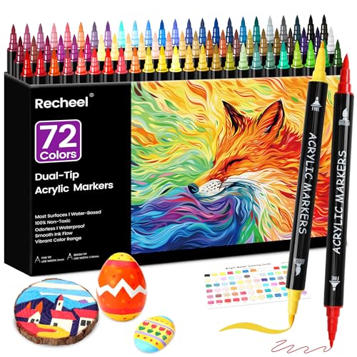 Recheel 72 Colors Acrylic Paint Markers, Dual Tip with Fine Tip and Brush Tip Pens for Stone, Wood, Canvas, Glass, Ceramic, Metal, Rock, Fabric, DIY Art Projects