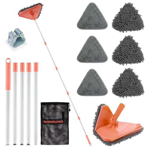 RONSUNG Wall Cleaner Triangle Mop with 82'' Long Handle - Wall Scrubber, Cleaning Washer Tool with 6 Pads for Clean Walls, Ceiling, Windows, Floors, Baseboards