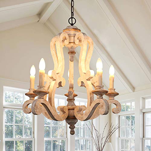 Bella Depot Farmhouse Chandelier, 5-Lights Wood Pendant Light Fixtures, French Country Chandelier Vintage Chandelier Light Fixture for Dining Room Kitchen Foyer Hallway Entryway Handmade