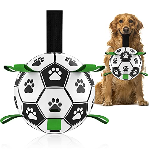QDAN Dog Toys, Soccer Ball with Straps, World Cup Interactive Toys for Tug of War, Puppy Birthday Gifts, Water Toy, Durable Dog Balls for Medium Large (8 Inch)