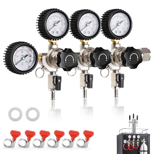 CO2 Regulator for Triple Tap Kegerator Draft Beer Tower Dispenser, Triple Keg Regulator CO2 Beer Pressure Regulator 0-60psi,CGA-320 CO2 Tank Regulator Gas Regulator 0-3000psi,Kegerator Regulator Gauge