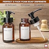 GMISUN Foaming Soap Dispenser, 8.5 fl oz / 250ml Amber Glass Foam Soap Dispenser for Bathroom & Kitchen, 2 Pack Modern Refillable Foaming Hand Soap Dispenser, Foam Pump Bottle with Waterproof Labels