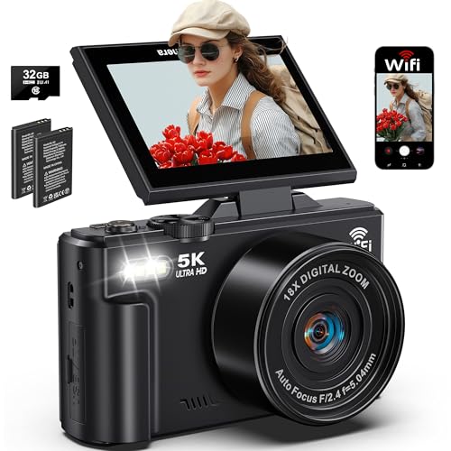 5K Digital Camera for Photography, 75MP WiFi Vlogging Camera for YouTube with 3" 180° Flip Screen, 18X Zoom UHD Autofocus Video Camara with 32GB SD Card, 2 Batteries
