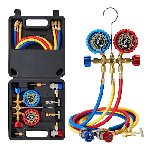 Wisscool AC Gauges, HVAC Manifold Gauge Set for R134 R22 R12 R502, with Hoses Couplers Adapters Puncturing Can Tap