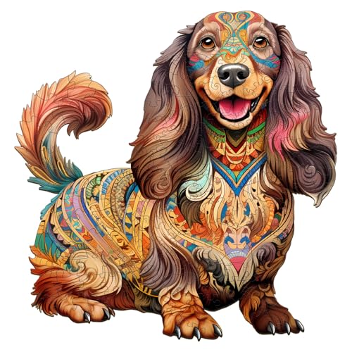 Wooden Puzzle for Adults, Long-Haired Dachshund Dog Wooden Jigsaw Puzzle, Unique Shape Animal Wood Puzzles with Beautiful Box, Family Game Gifts (L-13.3 * 13in-260Pcs)