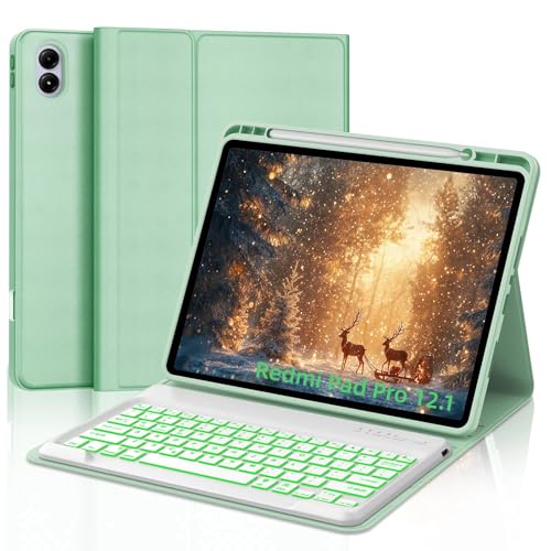 IVEOPPE Keyboard Case for Xiaomi Redmi Pad Pro 12.1 Inch 2024/Xiaomi Poco Pad 12.1", 7 Colors Backlit, Detachable Bluetooth Wireless Keyboard Slim PU Stand Cover with Pencil Holder,Green