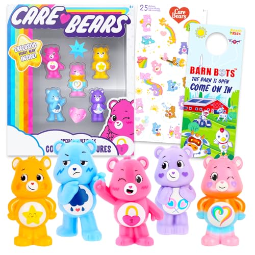 Care Bears Mini Figures 5 Pack - Bundle with 5 Cupcake Topper Figurines Including Grumpy Bear, Secret Bear, and More Plus Stickers | Care Bears Party Supplies