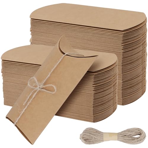 SEUNMUK 150 PCS 6.9 x 4 x 1.5 inch Pillow Boxes, Kraft Mini Favor Pillow Packaging Boxes with Twines for Anniversary, Birthday, Wedding