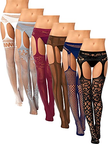 Skylety 6 Pairs Fishnet Stockings for Women Plus Size Thigh-high Tights Stockings Suspender Pantyhose Garter Belts(Medium-large,White, Grey, Wine Red, Coffee, Navy Blue, Black)