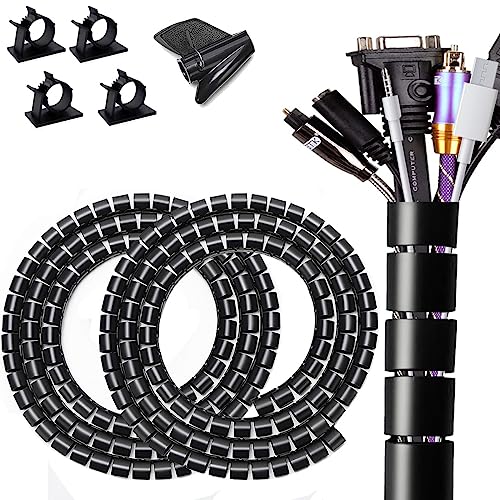 Fanoshon Large PC Cable Management Tube Sleeve Under Desk Wire Organizer for Cords 2 PCS Black, 1.1 inch -5 ft EZ Spiral Cable Wrap Cover Bundler w/Clips for TV Office, Pet Proof Cable Protector