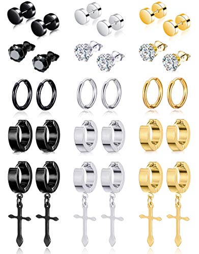 Ofeiyaa 15 Pairs Stainless Steel Dangle Hinged Earrings Hoop Huggie Earrings CZ Stud Earrings Set for Men Women Ear Piercing Jewelry Silver Black Gold Tone