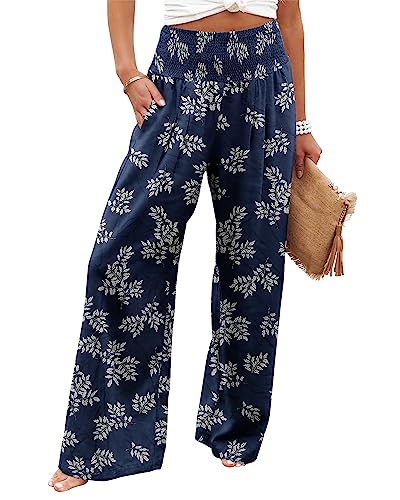 Angerella Women Summer High Waisted Floral Print Palazzo Pants Wide Leg Boho Lounge Trousers with Pockets Dark Blue XXL