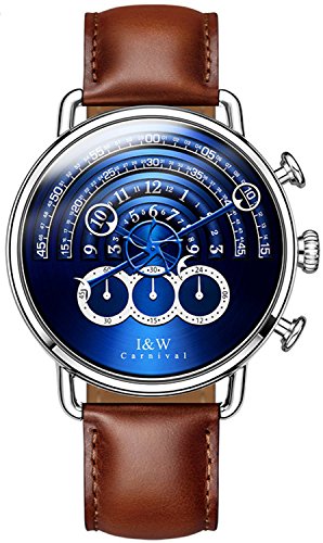 Luxury Men's Big Dial Chronograph Sapphire Glass Waterproof Quartz Black Leather Gold Watches (Silver case & Blue dial & Brown Strap)
