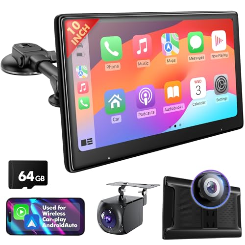 10" Touch Screen for Car, Used for Wireless Apple Carplay Android Auto MirrorLink, Portable Car Stereo with Bluetooth 2K Front Dashcam, 1080P Rear Dashcam Backup Camera