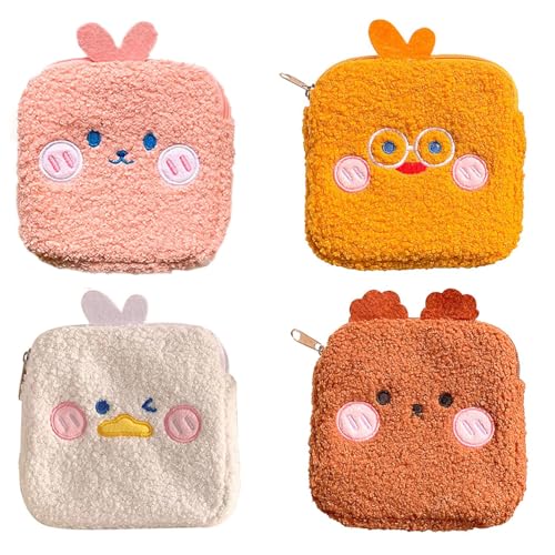 4Pcs Sanitary Napkin Bag Cartoon Plush Storage Bag Period Pad Pouch Organizer Tampon Purse for Women Girls