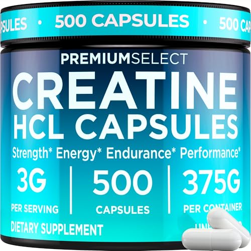 Premium Select Nutrition Creatine HCL 500 Capsules, 3g Per Serving - Muscle, Cognitive, Cellular Energy Support