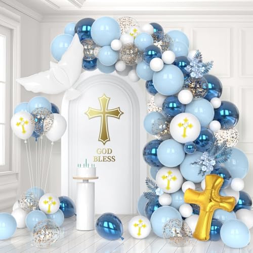 132Pcs God Bless Baptism Blue Balloon Garland Arch Kit First Holy Communion Decoration Christian Religious Party Decor Cross Dove Balloon Girl Mi Bautizo Christening Birthday Baby Shower Party Supplie