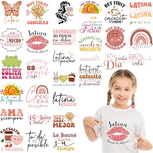 Funny Spanish Iron on Transfers, 30 PCS Spanish DTF Transfers Ready to Press Iron on Patch Applique Decals, Boho Heat Transfer Vinyl for T-Shirts Bag Clothing DIY Crafts