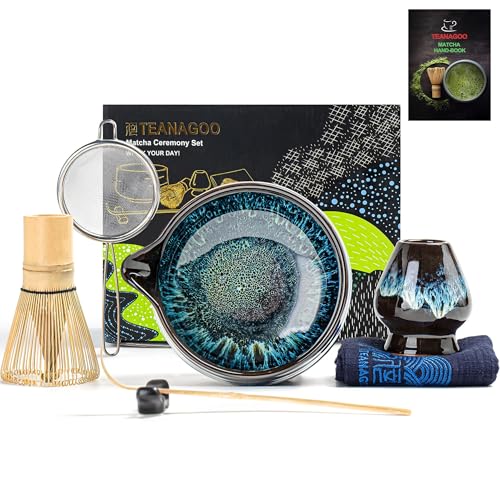 TEANAGOO Matcha Whisk Set, 7 Pcs Matcha Set Blue, Matcha Kit for Ceremony, Matcha Tea Set for Making Breakfast/Latte, Ceramic Matcha Bowl(chawan) whith Spout and Whisk, Gift for Friend/Family