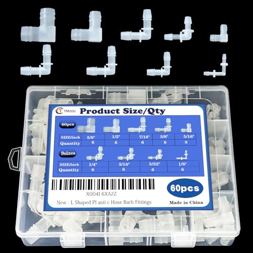 60Pcs Hose Barb Fittings Assortment, 9 Sizes of Equal Barbed Hose Fittings, 90 Degree Elbow L Fittings, Plastic Barbed Connection, Pipe Connectors, and Menders for Liquid, Air, Gas, and Water