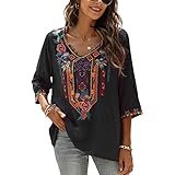 Grosy Bohemian Embroidered Tops for Women, Hippie Clothes, Mexican Peasant Blouses, Traditional Boho Clothing Tunic Shirts (X-Large, Black-4)