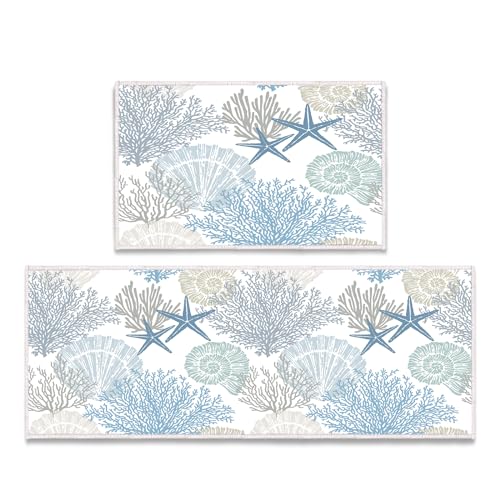 Coastal Kitchen Mat Set of 2 Cushioned Anti Fatigue Mats for Kitchen Floor,Ocean Nautical Starfish Seashell Beach Bathroom Runner Rug Non Slip Standing Mat Washable Kitchen Rug Runner for Sink,Laundry