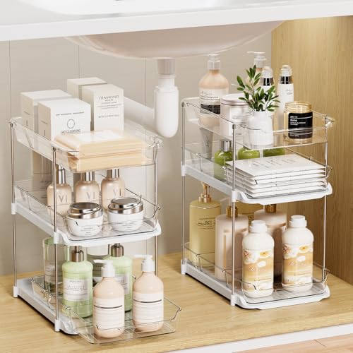 LAMU 2 Pack Bathroom Organizers and Storage, 3-Tier Stackable Under Sink Storage with Pull-Out Drawers & Dividers, Medicine Cabinet Organizer for Kitchen Pantry Organization