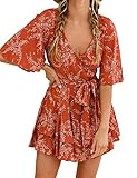 AIMCOO Womens Summer Short Flared Sleeve Romper V Neck Floral Print Jumpsuit Waist Tie Layer Ruffle Hem Dress Look Rompers (Red, Medium)