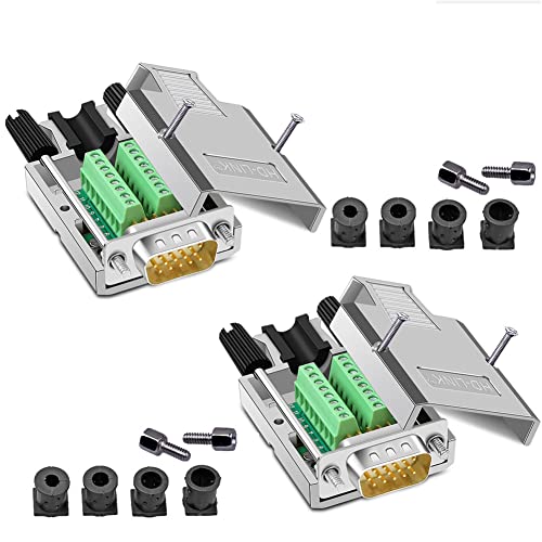 Jienk 2Pcs VGA DB15 3 Row Male Adapter, 16mm thinner 3+9 D-SUB 15 Pin Port Terminal Solderless Breakout Connector Board with Metal Shell Long Bolts Tail Pipe